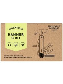 Илюстрация на Мултиинструмент Gentlemen's Hardware чук 11 в 1, оформен като чук с разгъващи се инструменти, върху кафява опаковка с надпис Workshop Hammer 11-in-1 - подчертавайки неговите компактни характеристики на мулти-инструмент от неръждаема стомана.