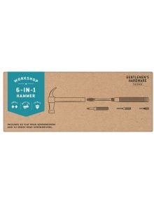 В картонена опаковка с етикет чук 6 в 1 Мултиинструмент Gentlemen's Hardware от книжарница Orange е показан чук с приставки за отвертки с плоска и кръстосана глава. Иконите подчертават неговите компактни, многофункционални и неръждаеми характеристики.