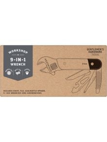 Картонена опаковка за Мултиинструмент Gentlemen's Hardware 9 в 1, с рисунка на мултифункционалния инструмент с гаечен ключ, пила, нож и отварачка. Текстът подчертава стоманената му конструкция и джобния му размер. Наличен в книжарница Orange.