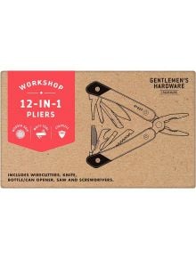 Илюстрация на клещите 12 в 1 на Мултиинструмент Gentlemen's Hardware Workshop с икони за дървена дръжка и мултифункционален инструмент, и неръждаема стомана -предлага се в книжарница Orange за любителите на висококачествени продукти и практични инструмент