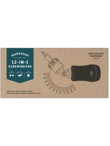Кутията на продукта за Мултиинструмент Gentlemen's Hardware 12 в 1 отвертка показва илюстрация на инструмента, сменяеми битове и подчертава характеристики като компактен размер и многоъгълна глава за тресчотка - на разположение в книжарница Orange.