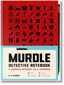 Детективската тетрадка "Мърдъл" на G.T. Karber представлява червен дневник, озаглавен "Загадка "Мърдъл" в дневник", с черни мрежови икони и кремава лента с детективски съвети, улики и кодове.