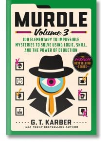 Корицата на книгата Murdle, том 3 - задължителна за любителите на мистериите - включва стилизиран детектив с шапка и око, полета за отметка на мистерия, удебелен текст на заглавието на зелен фон и ярки цветни акценти.