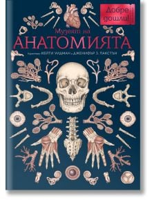 Корицата на "Музеят на анатомията" показва анатомични илюстрации - череп, кости, органи и части от тялото на човешкото тяло - подредени симетрично на тъмен фон, а българското заглавие е изписано с удебелен червен и бял текст.