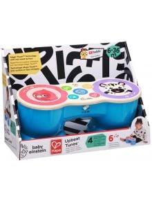 Музикална играчка Hape Baby Einstein - Сензорен барабан в опаковка с животински лица и музикални символи, подходяща за деца от 6 до 36 месеца. Кутията акцентира на Magic Touch функция и показва дете, което свири на барабана.