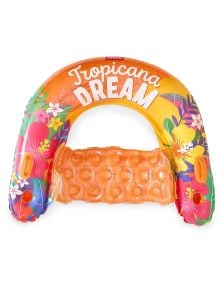 Надуваем стол за басейн Legami - Tropicana dream е надуваема плувка за басейн с оранжево като основен цвят, ярки розови, жълти и зелени тропически цветя, текст "Tropicana Dream" и удобна централна седалка - идеален за басейна!.