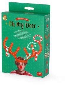 Надуваемата игра Legami - Oh My Deer е празнична кутия за игра с човече в еленски рога и цветни пръстени, със зелен празничен дизайн - идеален подарък Коледа за възраст 8+.
