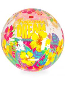 The Надуваема топка с брокат Legami - Tropicana Dream е цветна плажна топка с жълти и розови хибискуси, зелени и сини листа, надпис "Tropicana DREAM" и брокат - перфектният летен аксесоар!.