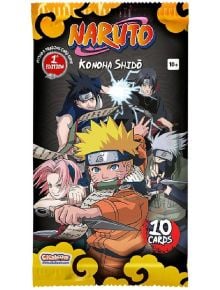 Карти за игра Naruto Mythos TCG: Konoha Shido Booster pack включва Наруто, Саске, Сакура и Какаши в екшън пози. Включва 10 карти. 1-во издание. За възрасти 10+. Текст: Naruto Mythos TCG, Naruto карти.