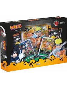 Naruto TCG: Konoha Shido Starter Pack, 1st Edition, с изображения на Наруто Узумаки и Саске Учиха върху кутията и няколко видими лимитирани карти Наруто вътре.
