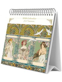 Настолният календар Grupo Erik - Art Nouveau 2026 е спираловиден календар с три илюстрирани жени в ефирни рокли сред флорални орнаменти-перфектен подарък за ценители на изкуството.
