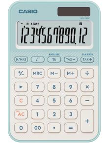 Настолният калкулатор Casio MS-20YC-LG в светло зелен цвят има удобен дизайн, голям дисплей с числа 1234567890.12 и бели бутони със светлосини акценти за лесна употреба.