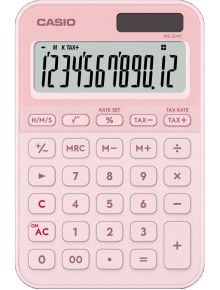 Casio MS-20YC-LP настолен калкулатор, розов, има цветен дизайн с бели и розови бутони и показва 1234567890.12. Оборудван е със стандартни клавиши, функции за %, данък и памет.