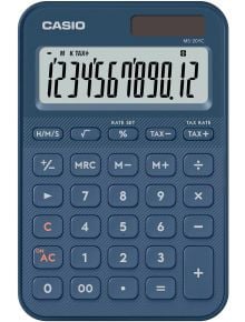 Настолен калкулатор Casio MS-20YC-NY, тъмно син показва 1234567890.12 на дисплея си, осигурявайки удобство с бутони за числа, функции и данъчни изчисления.