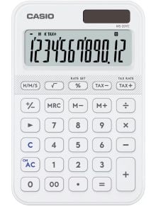 Настолен калкулатор Casio MS-20YC-W, бял, с ергономичен дизайн, ясен дисплей, показващ 1234567890.12, и лесно видими функционални и цифрови бутони под екрана.