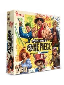 Изображение на кутията на Настолна игра 5 Minute One Piece, бърза настолна игра с героите на One Piece, рисунки и лога. Включва брандиране на Netflix и подробности за възрастта, играчите и времето за игра.