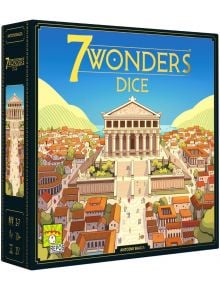 Изображението показва кутията за Настолна игра: 7 Wonders Dice. На корицата е изобразен древен храм в град, с хора, къщи и хълмове под ясно небе.