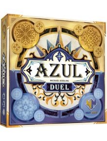 Корицата на настолната игра Azul Duel е с орнаментирани сини и златни плочки, а в центъра е заглавието на играта. Декоративни мотиви и монети обграждат логото, проектирано от Майкъл Кислинг. Налична в книжарница Orange.
