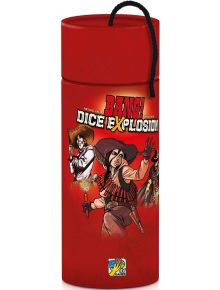 Червен цилиндричен контейнер с надпис "Настолна игра: BANG! Dice Explosion" са изобразени каубои и каубойки от Дивия запад с пушки и шапки, което напомня за BANG! Играта със зарове. Логото на YAY Games в долната част подсказва, че това е настолна игра раз