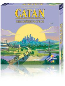 Корица на настолна игра Катан: Енергийни ресурси, представяща стилизиран градски пейзаж на залез, вятърни турбини, мост и поля, с голям жълт надпис отгоре. Налично в книжарница Orange.