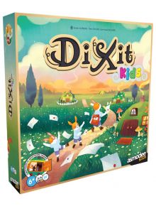 Корица на настолна игра: Диксит Кидс, детска версия на Диксит, показва игриви животни, които доставят писма в цветен фантастичен свят с къщи и плаващи пликове. За възраст 6+, 3-6 играчи, от Asmodee Kids.