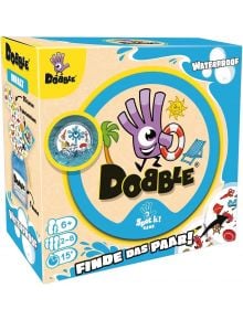 Настолна игра: Dobble Waterproof, водоустойчива – семейна игра в синя и жълта кутия с анимирана ръка, плажен дизайн и надпис FINDE DAS PAAR! Подходяща за деца на възраст 6+ години, за 2–8 играчи, с продължителност на играта 15 минути. Комплектът съдържа в