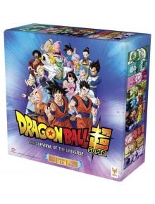 На изображението е показана цветната настолна игра Dragon Ball Super: The Survival Of The Universe на Topi Games, която включва герои от Турнир на силата в екшън пози със заглавието на видно място.