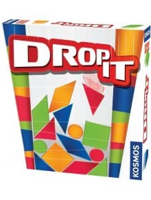 Кутия за настолна игра: (версия 2), с цветни геометрични фигури - триъгълници, квадрати и кръгове - падащи и подреждащи се на бял фон със сини, зелени, червени и оранжеви акценти.