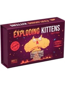 Правоъгълната червена кутия на настолна игра Exploding Kittens: е обозначена за 2-10 играчи на възраст 7+ и съдържа жълт и бял текст.