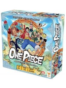 Изображението показва цветната кутия на настолна игра One piece: Luffy, Zoro и Nami, както и подробности за играта и логото на поредицата.