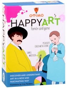 Корица на настолна игра OTIMO Happy Art с Джеймс Уистлър, четки за рисуване, детето с гълъб на Пикасо, цветни пръски боя и текст на тема изкуство -образователна арт игра идеална за въвеждане на изкуство за деца.