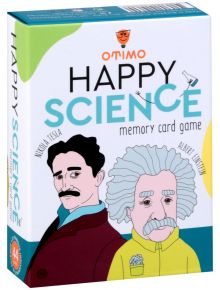Кутията за настолната игра "Настолна игра OTIMO Happy Science", образователна игра, включва закачливи графики на научна тематика и илюстрирани портрети на Никола Тесла и Алберт Айнщайн на бял фон.