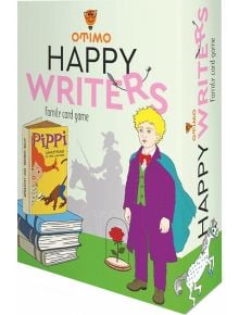 Кутия за настолна игра OTIMO Happy Writers с илюстрации на литературни герои - момче с костюм и пелерина, книгата "Пипи Дългото чорапче", роза и сенчест кон - идеални за тази образователна игра.