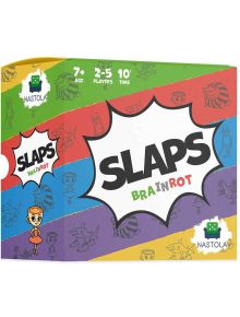 Цветна кутия за настолна игра Slaps Brainrot, парти игра за рефлекси за възрасти 7+, 2-5 играчи, с 10-минутно време за игра. Представлява анимационни герои и удебелен текст на раиран фон на дъгата.