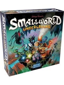 Кутията на настолната игра Small World Underground показва ярки фентъзи същества - гоблини, призраци и чудовища, събрани около съкровище в тъмна пещера, а заглавието е видимо отгоре.