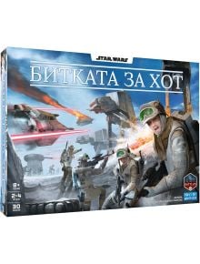 Картина на кутията на Настолна игра Star Wars: Битката за Хот, на която са изобразени бунтовнически войници, борещи се с имперски пешеходци и снегорини в заснежен пейзаж, с лазерни взривове и космически кораби - на разположение в книжарница Orange.