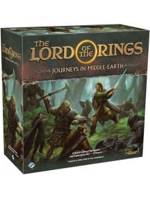 Корицата на настолна игра "Властелинът на пръстените": Journeys in Middle-earth показва въоръжени герои в гора, а в горната част ясно се вижда логото и заглавието на играта.