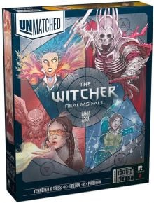 Корицата на кутията на Настолна игра Unmatched: The Witcher - Realms Fall, с илюстрирани героите Енефер, Трис, Ередин и Филипа в динамични пози с мистични и фентъзи елементи. Предлага се в книжарница Orange.