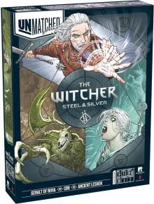 Корица на кутията на Unmatched: The Witcher - Steel & Silver, настолна игра, с Гералт, който хвърля заклинание, викащата Цири и древния Лешен, с подробности за играта по-долу. Налична в книжарница Orange.