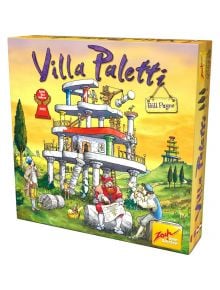 Кутията на настолната игра Villa Paletti изобразява весели хора, строящи шарена кула с колони сред зелена поляна, заобиколена от дървета и отпред се вижда далечна пагода.