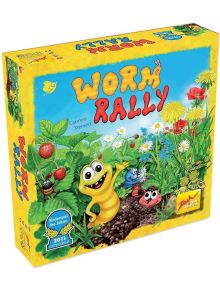 Кутията на Детска настолна игра: червеи показва усмихнати анимационни червеи сред зелени растения, ягоди и цветя под синьо небе, с лога в ъглите - забавна детска и семейна игра.