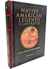 Native American Legends Illustrated е книга с твърди корици от Крис Макнаб, съдържаща класически истории, митове и вярвания на коренното население на Америка, с предна корица с кръгла илюстрация на птица и геометрични мотиви.