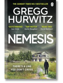 Корица на книгата "Немезида", на която е изобразена сенчеста фигура, която върви към голяма изолирана къща под облачно небе. Слоганът гласи: "Има граница, която не се преминава...