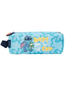 Несесер Grupo Erik - Stitch, Tropical е син моливник на Disney с камуфлажна шарка и Stitch, който държи жаба, както и надпис "hey! youre my fav" в жълто и бяло - идеален за ученически несесер за феновете на Lilo & Stitch.