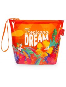 Несесер Legami - Tropicana Dream е цветна, водоустойчива козметична чанта с тропически флорален дизайн и надпис "Tropicana DREAM" отпред, с оранжеви, жълти, розови и зелени листа и цветя.