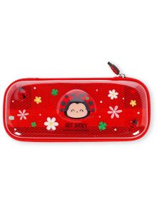 Несесер Legami WonderWow - Ladybug е червен моливник със сладко лице на божа кравичка и надпис "GET LUCKY" под него, заобиколен от цветя и малки илюстрации на божа кравичка.