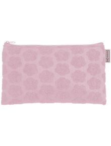 Правоъгълен, светлорозов несесер Miquelrius Boho Essence Golden с фина текстура на точки и малък страничен етикет от плат.