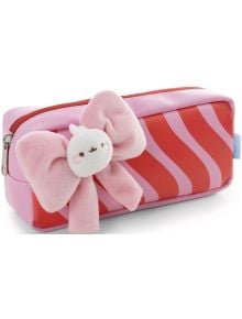 Несесер Nici Molang с едно отделение има розови и червени райета, плюшена панделка и усмихнат Molang отпред - съчетание на очарователен дизайн с практичност в ежедневието.