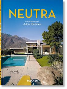 Корицата на книгата Neutra, 45th Edition, представя модерна къща с басейн, палми и планини - подчертавайки емблематичната архитектура на Ричард Нойтра. Заглавието "Neutra" е изписано с големи жълти букви, а под него са посочени имената на Юлиус Шулман и р
