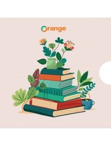 Сред зелени и червени растения и цветя се намира купчина цветни книги със зелени и червени корици. В горната част на мек бежов фон е изписано "Ваучер за подарък Книги и цветя".